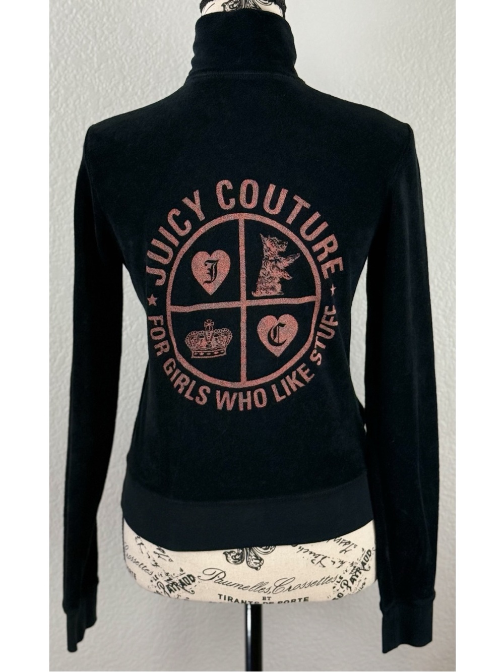 Juicy Couture Vintage Y2K Black Velour Zip-Up Track Jacket made in the glorious